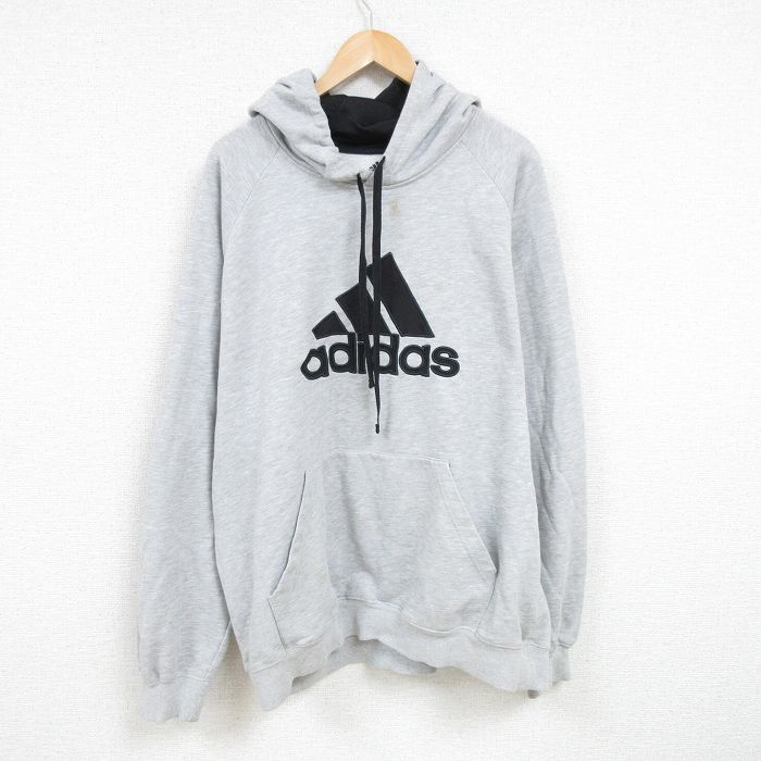 XL★古着 アディダス adidas 長袖 スウェット パーカー メンズ ビッグロゴ 刺繍 大きいサイズ ラグラン 薄グレー 霜降り 24dec16 中古 スエット トレーナー トップス