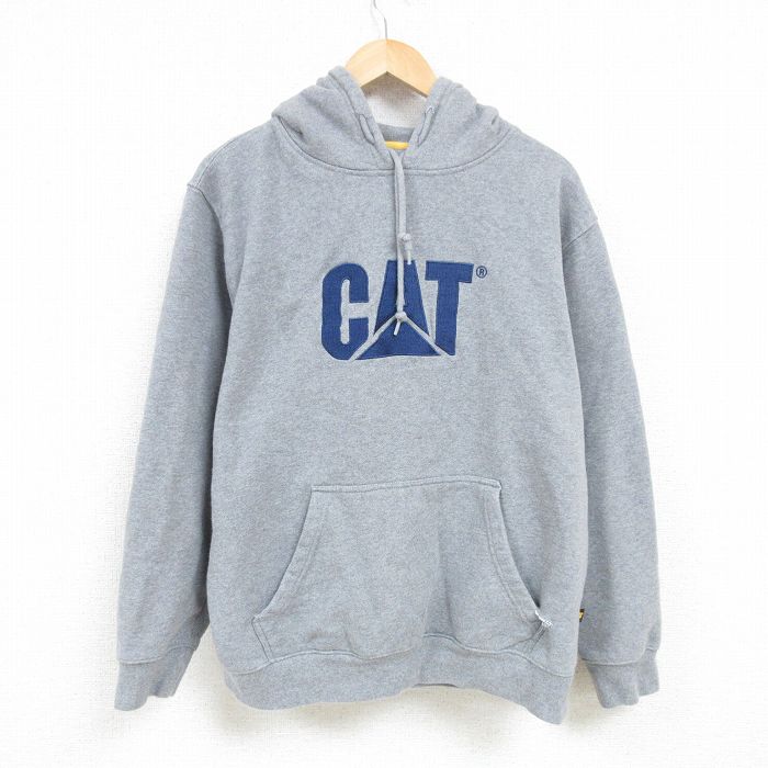 XL★古着 長袖 スウェット パーカー メンズ CAT 刺繍 大きいサイズ グレー 霜降り 24dec16 中古 スエット トレーナー トップス