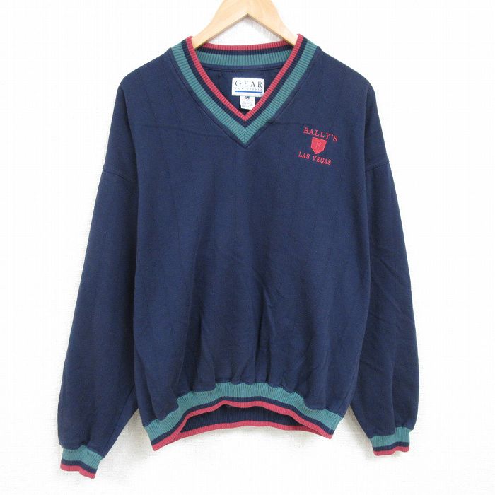 XL★古着 長袖 スウェット メンズ 90年代 90s ラスベガス 大きいサイズ Vネック 紺 ネイビー 24dec17 中古 スエット トレーナー トップス