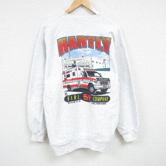 【50%OFF】XL★古着 長袖 スウェット メンズ 90年代 90s ハートリーボランティア消防団 クルーネック USA製 薄グレー 霜降り 24dec17 中古 スエット トレーナー トップス