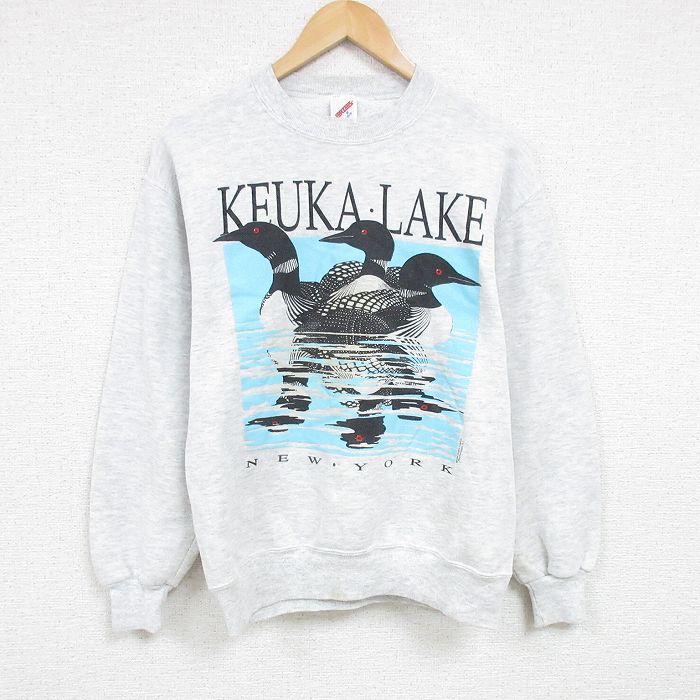 【50%OFF】M★古着 ジャージーズ 長袖 スウェット メンズ 90年代 90s ケウカ湖 カモ クルーネック USA製 薄グレー 霜降り 24dec17 中古 スエット トレーナー トップス