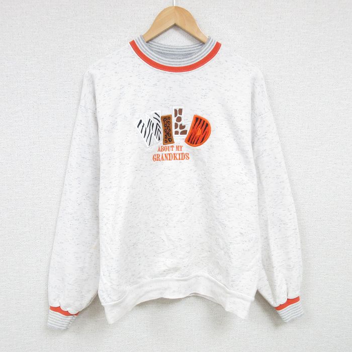 【50%OFF】XL★古着 長袖 スウェット メンズ 90年代 90s アニマル 刺繍 クルーネック USA製 薄グレー 霜降り 24dec17 中古 スエット トレーナー トップス