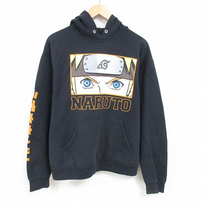 L★古着 長袖 スウェット パーカー メンズ 00年代 00s アニメ NARUTO ナルト疾風伝 うずまきナルト 黒 ブラック 24dec17 中古 スエット トレーナー トップス