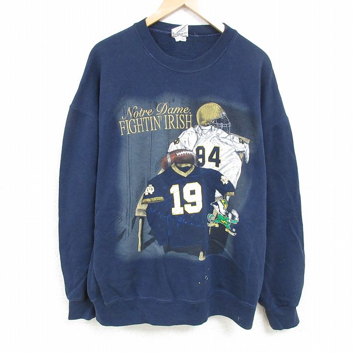 XL★古着 長袖 スウェット メンズ 90年代 90s フットボール 刺繍 大きいサイズ クルーネック USA製 濃紺 ネイビー 24dec17 中古 スエット トレーナー トップス
