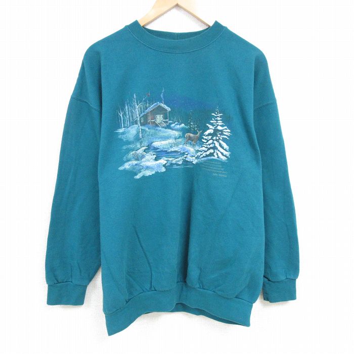 XL★古着 長袖 スウェット メンズ 00年代 00s シカ 大きいサイズ クルーネック 青緑 24dec17 中古 スエット トレーナー トップス