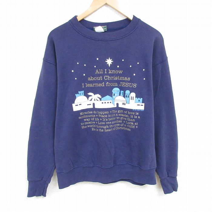 【50%OFF】L★古着 長袖 スウェット メンズ 90年代 90s クリスマス クルーネック 紺 ネイビー 24dec17 中古 スエット トレーナー トップス