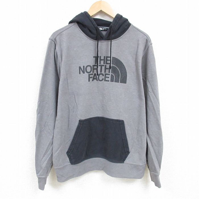 XL★古着 ノースフェイス THE NORTH FACE 長袖 スウェット パーカー メンズ ビッグロゴ ツートンカラー グレー他 霜降り 24dec17 中古 スエット トレーナー トップス