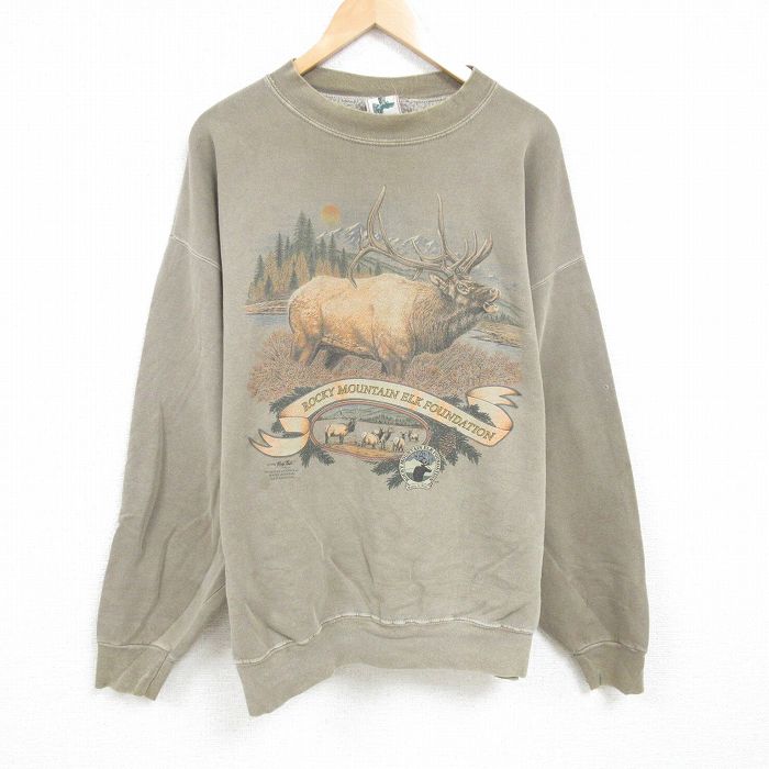 【50%OFF】XL★古着 長袖 スウェット メンズ 90年代 90s ヘラジカ エルク 大きいサイズ クルーネック ベージュ カーキ 24dec17 中古 スエット トレーナー トップス