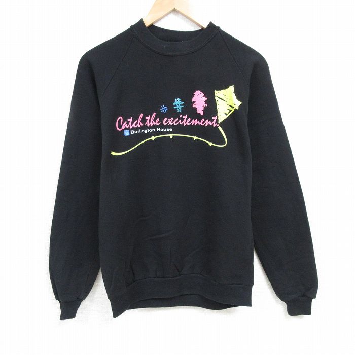 【50%OFF】L★古着 ジャージーズ 長袖 スウェット メンズ 80年代 80s バーリントンハウス ラグラン クルーネック USA製 黒 ブラック 24dec17 中古 スエット トレーナー トップス