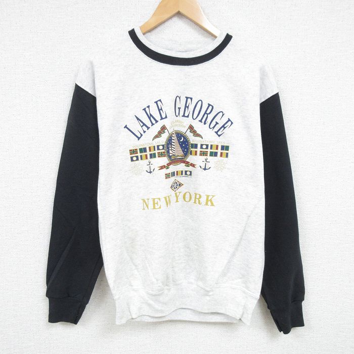 L★古着 長袖 スウェット メンズ 90年代 90s ジョージ湖 ツートンカラー クルーネック USA製 薄グレー他 霜降り 24dec17 中古 スエット トレーナー トップス