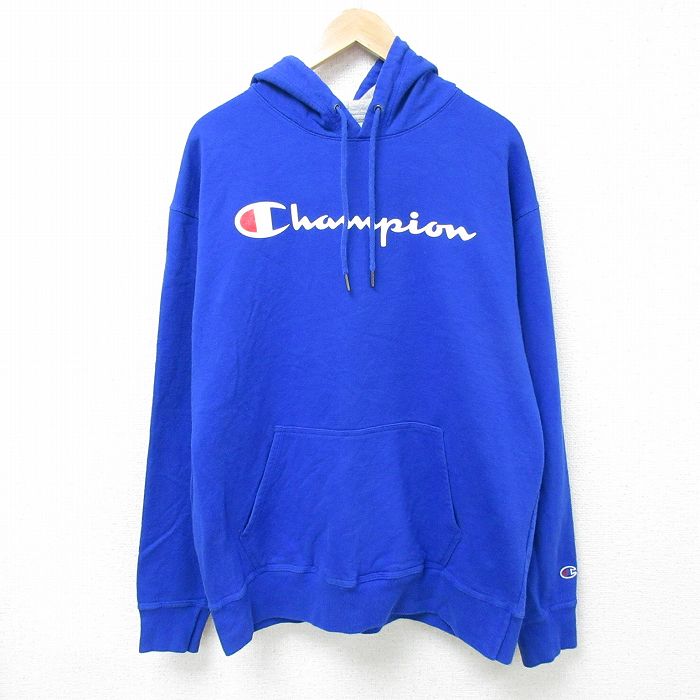 XL★古着 チャンピオン Champion 長袖 スウェット パーカー メンズ ビッグロゴ 青 ブルー 24dec18 中古 スエット トレーナー トップス