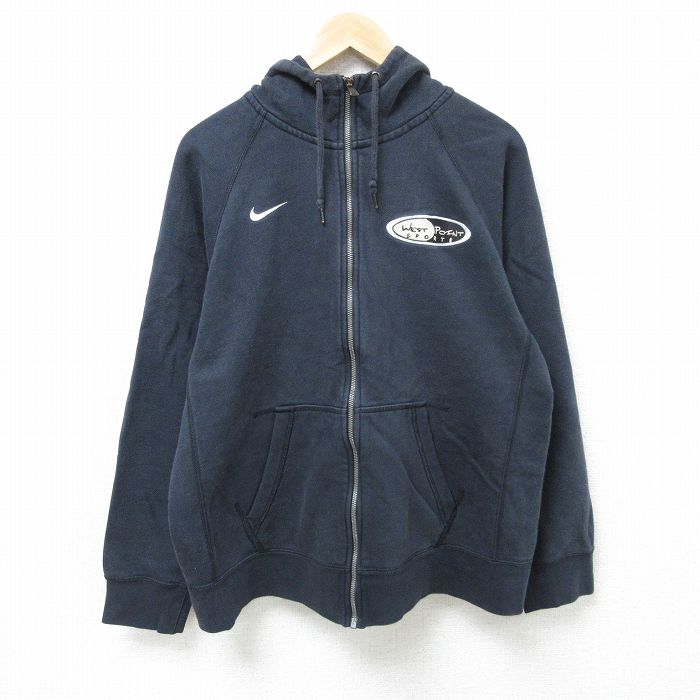 XL★古着 ナイキ NIKE 長袖 フルジップ スウェット パーカー メンズ ワンポイントロゴ ラグラン 黒 ブラック 24dec18 中古 スエット トレーナー トップス