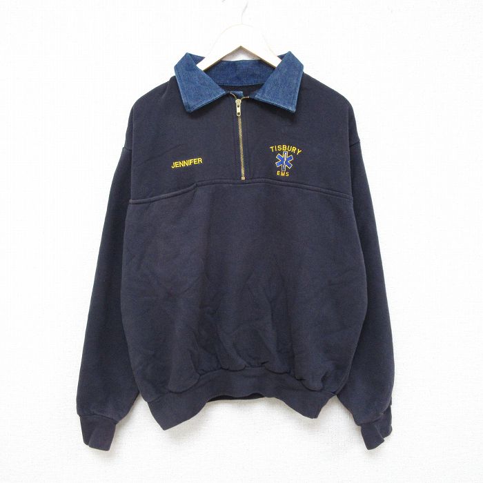 XL★古着 長袖 ハーフジップ スウェット メンズ 90年代 90s ティズベリー ヒジ当て 襟付き USA製 紺 ネイビー 24dec19 中古 スエット トレーナー トップス
