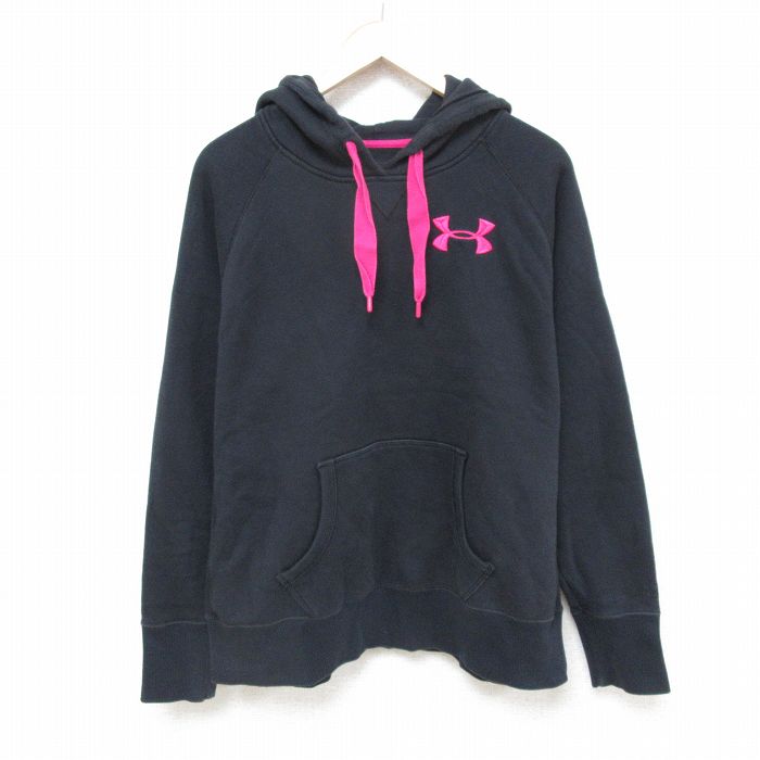 L★古着 アンダーアーマー UNDER ARMOUR 長袖 スウェット パーカー メンズ ワンポイントロゴ ラグラン 黒 ブラック 24dec19 中古 スエット トレーナー トップス