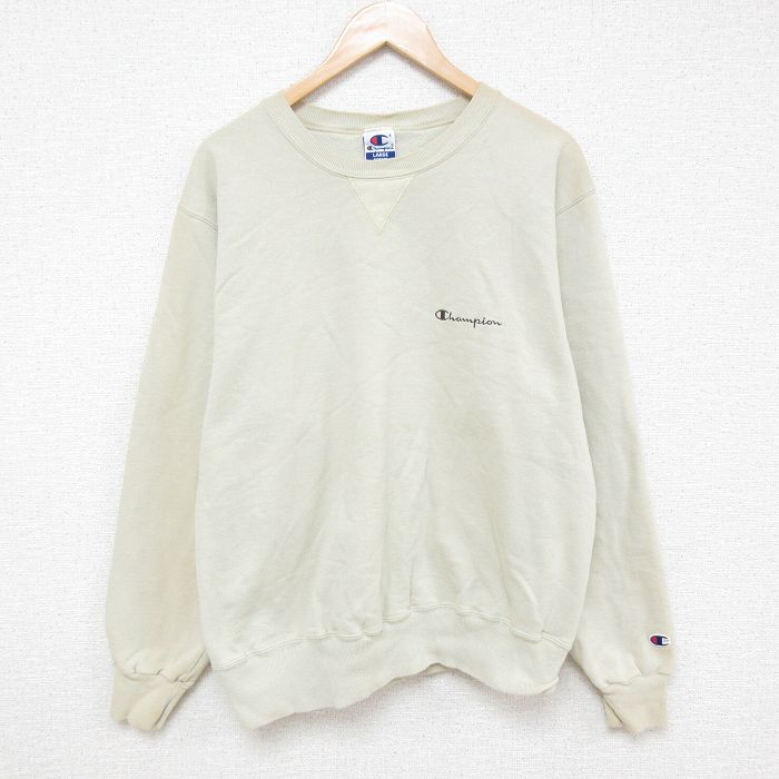 【20%OFF】L★古着 チャンピオン Champion 長袖 スウェット メンズ 90年代 90s ワンポイントロゴ クルーネック ベージュ カーキ 24dec19 中古 スエット トレーナー トップス
