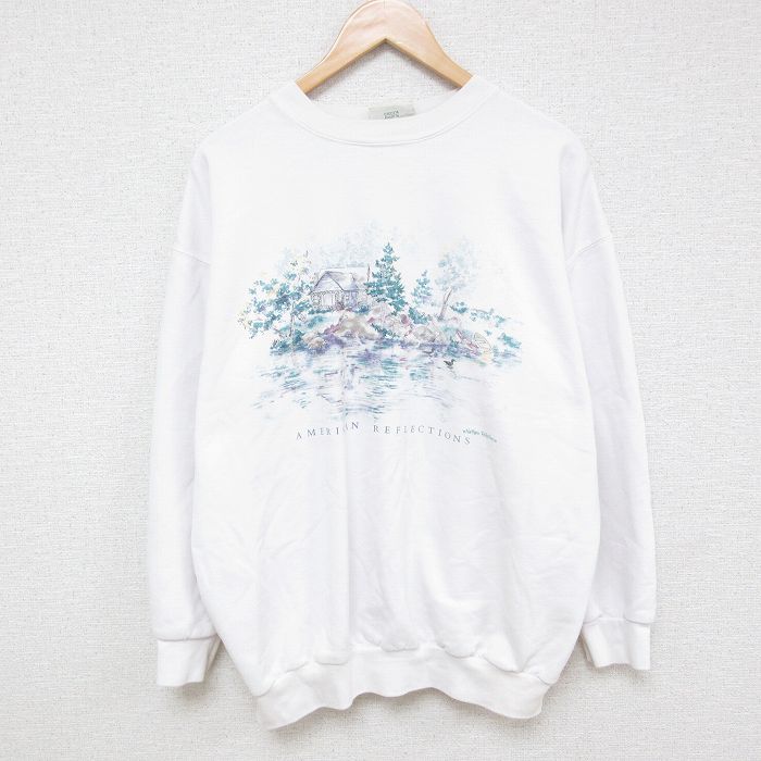 【50%OFF】XL★古着 長袖 スウェット メンズ 00年代 00s 家 木 クルーネック 白 ホワイト 24dec19 中古 スエット トレーナー トップス