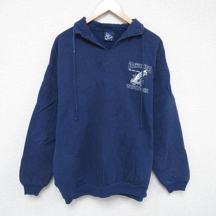 XL★古着 WEK 長袖 スウェット メンズ 90年代 90s 魚 コットン 襟付き USA製 紺 ネイビー 24dec20 中古 スエット トレーナー トップス