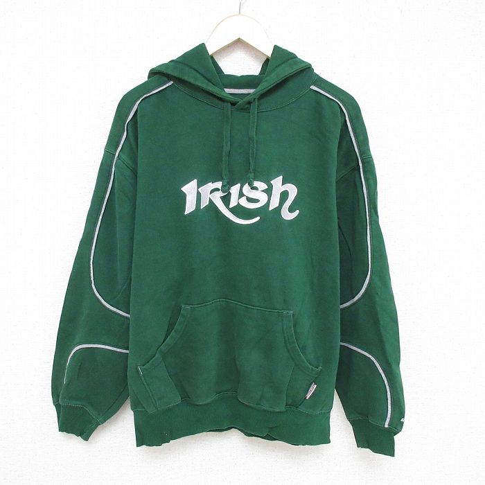 XL★古着 ラッセル 長袖 スウェット パーカー メンズ IRISH 大きいサイズ 緑 グリーン 24dec20 中古 スエット トレーナー トップス