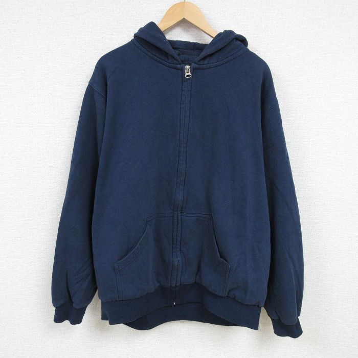 XL★古着 長袖 フルジップ スウェット パーカー メンズ 無地 大きいサイズ クルーネック 紺 ネイビー 24dec20 中古 スエット トレーナー トップス