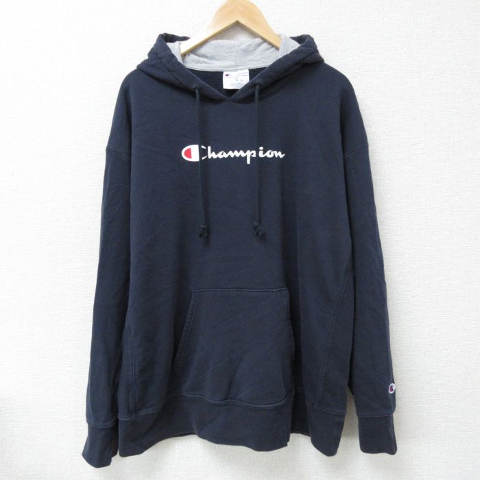 XL★古着 チャンピオン Champion 長袖 スウェット パーカー メンズ ビッグロゴ 大きいサイズ 紺 ネイビー 24dec20 中古 スエット トレーナー トップス