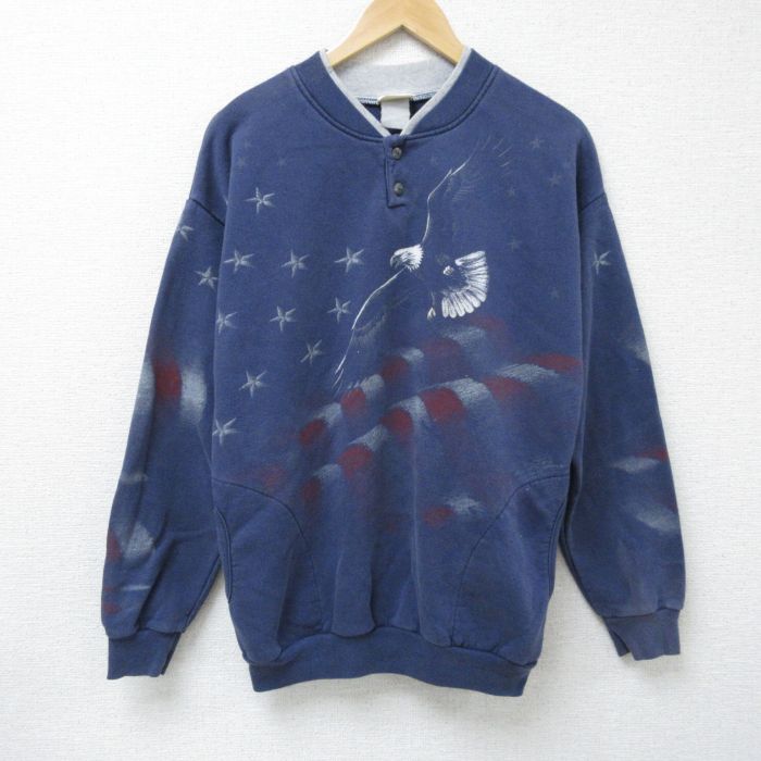 M★古着 長袖 スウェット メンズ 00年代 00s ワシ 星条旗 ヘンリーネック 紺 ネイビー 24dec20 中古 スエット トレーナー トップス