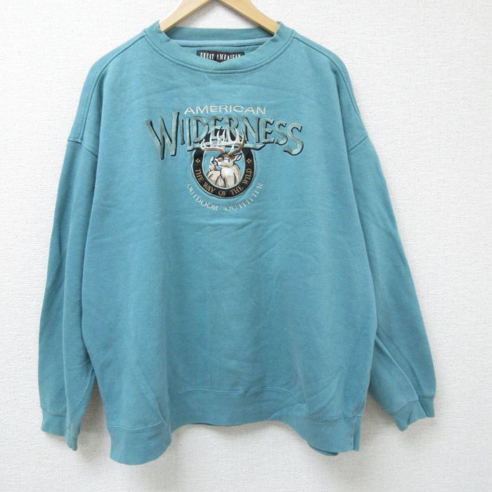 【50%OFF】XL★古着 長袖 スウェット メンズ シカ 刺繍 大きいサイズ クルーネック 青緑 24dec20 中古 スエット トレーナー トップス