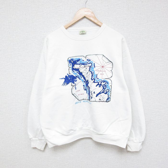 【20%OFF】XL★古着 長袖 スウェット メンズ 90年代 90s 鳥 クルーネック 白 ホワイト 24dec21 中古 スエット トレーナー トップス