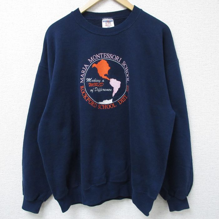 【50%OFF】XL★古着 ジャージーズ 長袖 スウェット メンズ 90年代 90s マリア モンテッソーリ 刺繍 クルーネック USA製 紺 ネイビー 24dec27 中古 スエット トレーナー トップス