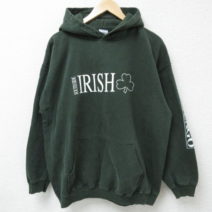 XL★古着 長袖 スウェット パーカー メンズ 00年代 00s IRISH クローバー 濃緑 グリーン 24dec27 中古 スエット トレーナー トップス