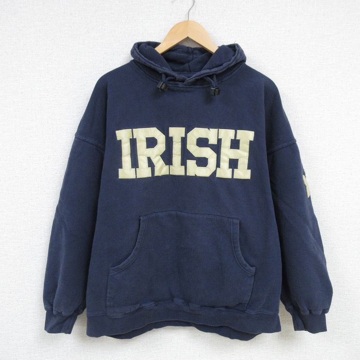 XL★古着 長袖 スウェット パーカー メンズ IRISH 刺繍 大きいサイズ 紺 ネイビー 24dec23 中古 スエット トレーナー トップス