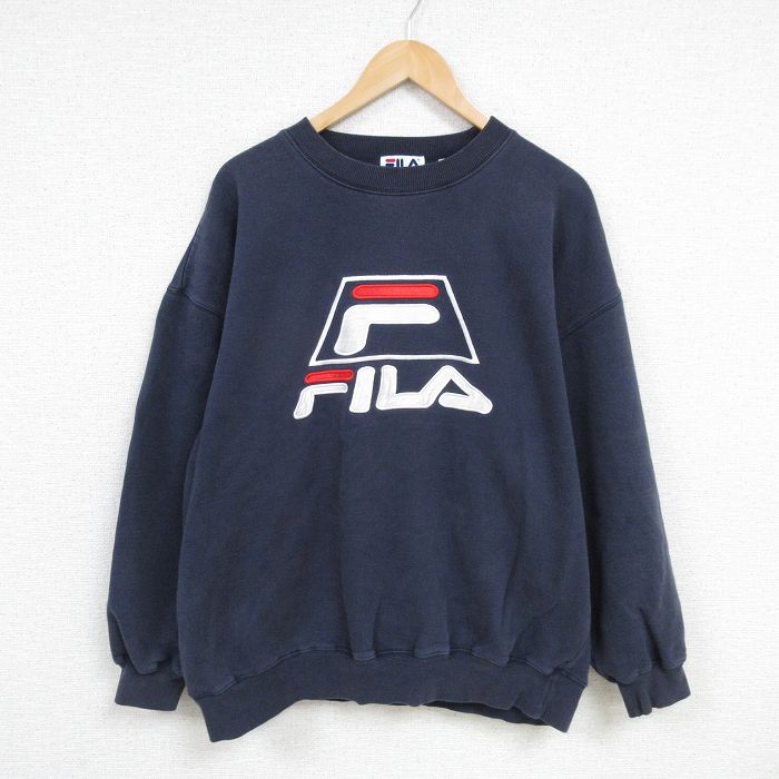 XL★古着 フィラ FILA 長袖 スウェット メンズ 00年代 00s ビッグロゴ 刺繍 大きいサイズ クルーネック 紺 ネイビー 24dec23 中古 スエット トレーナー トップス