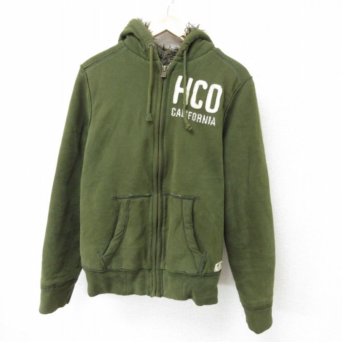 L★古着 ホリスター Hollister 長袖 フルジップ スウェット パーカー メンズ ワンポイントロゴ タロン 濃緑 グリーン 内側ファー 24dec24 中古 スエット トレーナー トップス