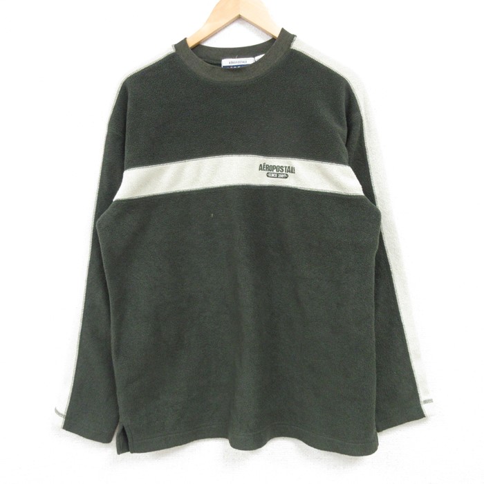 M★古着 長袖 フリース トップス メンズ 00年代 00s AEROPOSTALE ポリエステル ラグラン クルーネック 濃緑 グリーン 25jan08 中古 スエット トレーナー