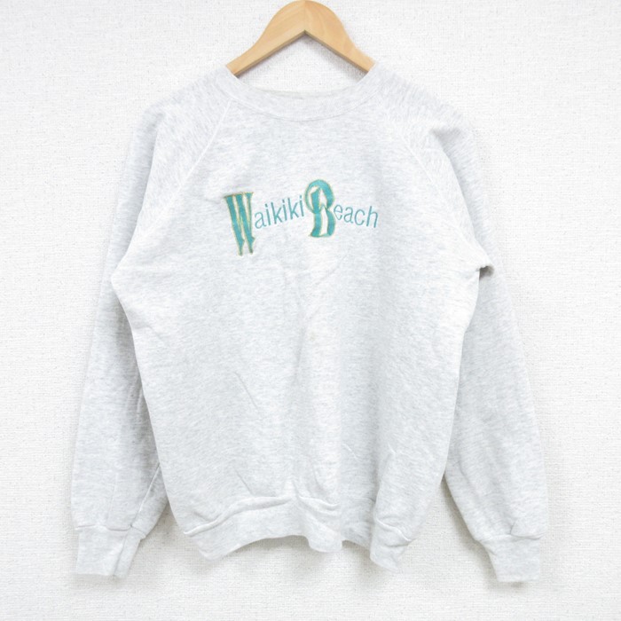 【50%OFF】L★古着 長袖 スウェット メンズ 90年代 90s ワイキキビーチ 刺繍 ラグラン クルーネック USA製 薄グレー 霜降り 25jan08 中古 スエット トレーナー トップス