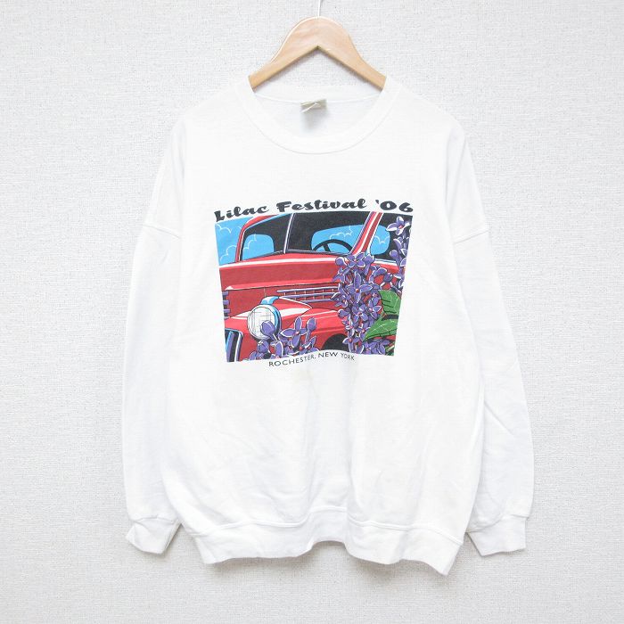 【20%OFF】XL★古着 リー Lee 長袖 スウェット メンズ 00年代 00s 花 車 大きいサイズ クルーネック 白 ホワイト 24dec25 中古 スエット トレーナー トップス