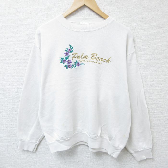 L★古着 TULTEX 長袖 スウェット メンズ 90年代 90s パームビーチ フロリダ 刺繍 クルーネック USA製 白 ホワイト 25jan09 中古 スエット トレーナー トップス