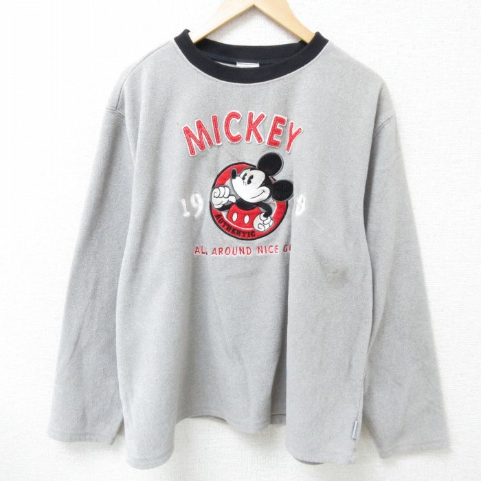 XL★古着 長袖 フリース トップス メンズ 00年代 00s ディズニー DISNEY ミッキー MICKEY MOUSE 刺繍 大きいサイズ ポリエステル クルーネック グレー 霜降り 25jan09 中古 スエット トレーナー