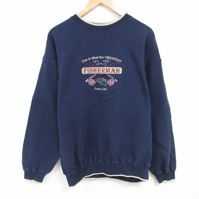 【50%OFF】XL★古着 長袖 スウェット メンズ 00年代 00s 釣り 刺繍 大きいサイズ クルーネック 紺 ネイビー 24dec25 中古 スエット トレーナー トップス