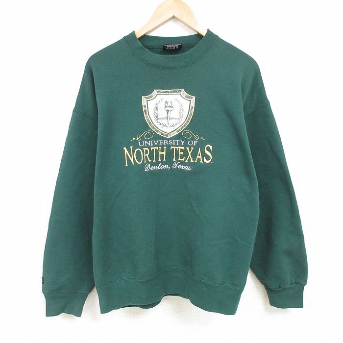【50%OFF】XL★古着 ジャンスポーツ 長袖 スウェット メンズ 90年代 90s ノーステキサス 大学 刺繍 大きいサイズ クルーネック USA製 緑 グリーン 24dec25 中古 スエット トレーナー トップス