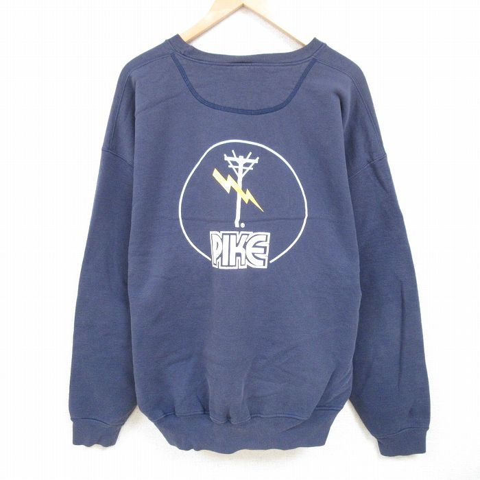 XL★古着 長袖 スウェット メンズ 90年代 90s PIKE 大きいサイズ クルーネック USA製 紺 ネイビー 24dec25 中古 スエット トレーナー トップス