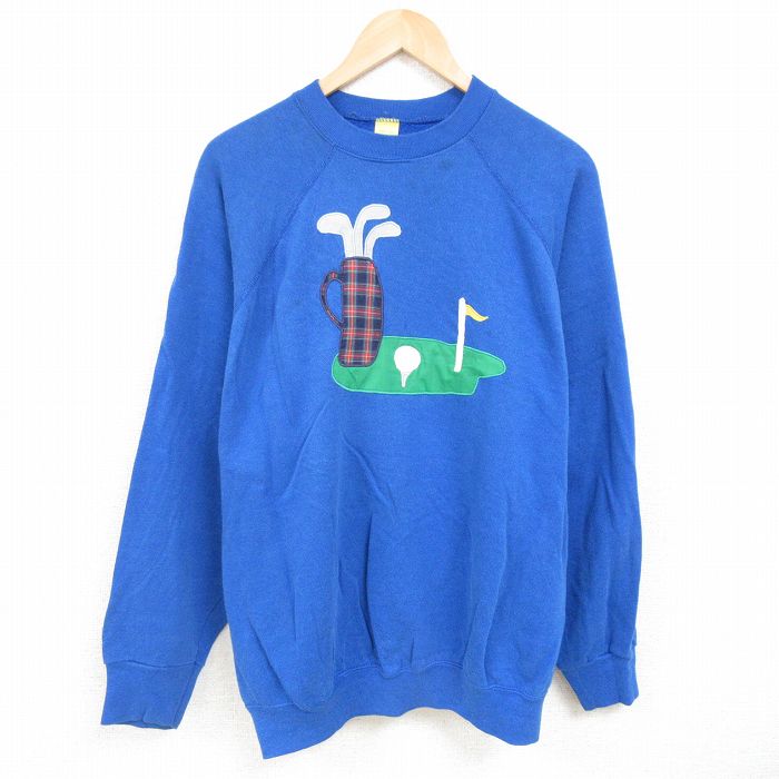 【50%OFF】XL★古着 TULTEX 長袖 スウェット メンズ 80年代 80s ゴルフ 刺繍 大きいサイズ ラグラン クルーネック USA製 青 ブルー 【spe】 24dec25 中古 スエット トレーナー トップス