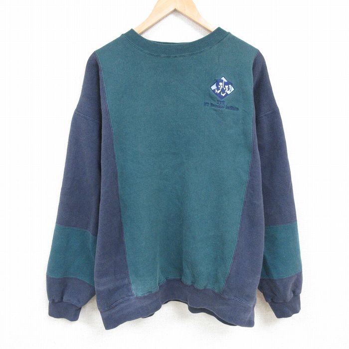 【50%OFF】XL★古着 ヒルトン 長袖 スウェット メンズ 90年代 90s ツートンカラー 大きいサイズ クルーネック 濃緑他 グリーン 【spe】 24dec26 中古 スエット トレーナー トップス