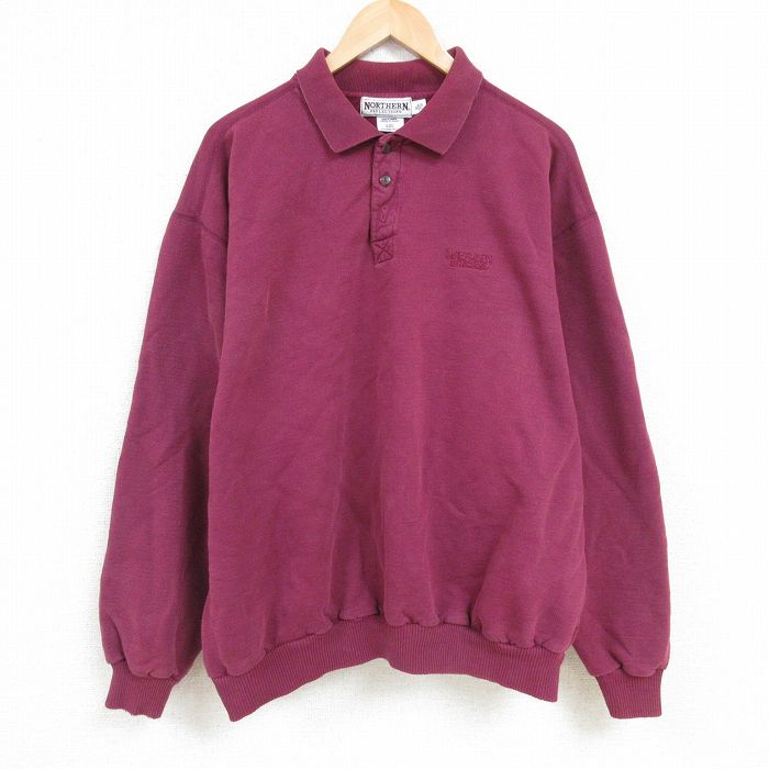 XL★古着 長袖 スウェット メンズ 00年代 00s ワンポイントロゴ 大きいサイズ コットン 襟付き カナダ製 エンジ 24dec26 中古 スエット トレーナー トップス