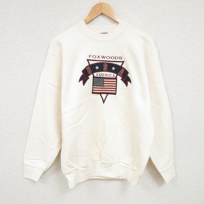 L★古着 長袖 スウェット メンズ 90年代 90s 星条旗 刺繍 クルーネック USA製 生成り 24dec26 中古 スエット トレーナー トップス
