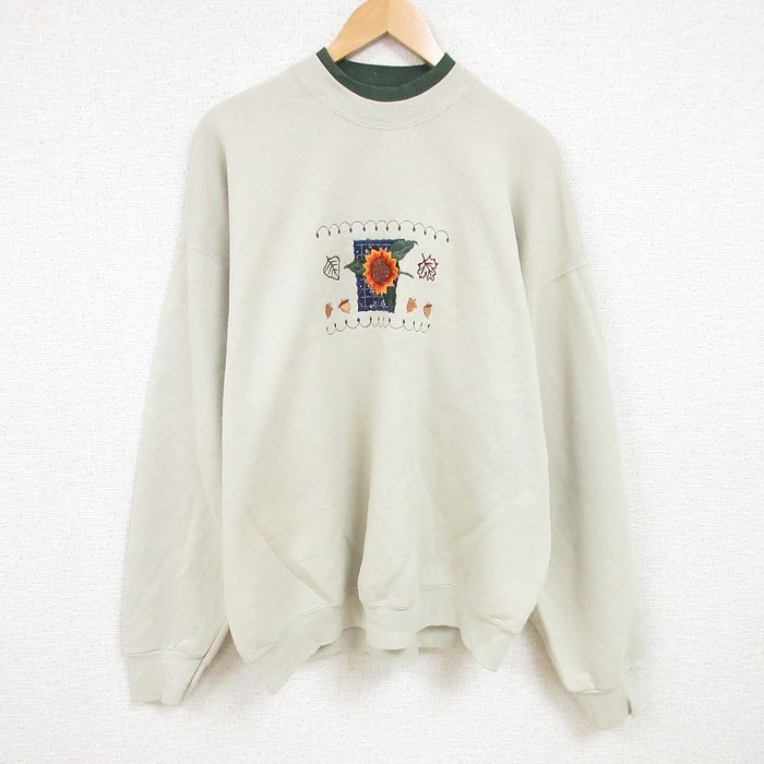 【50%OFF】フルーツオブザルーム 00s 長袖スウェット ヒマワリ刺繍 グリーン XL | 古着