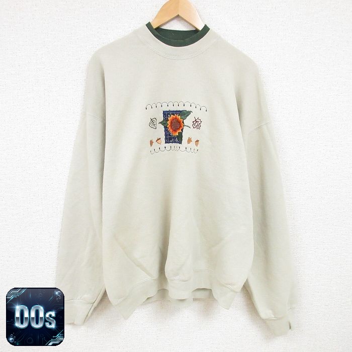 【50%OFF】フルーツオブザルーム 00s 長袖スウェット ヒマワリ刺繍 グリーン XL | 古着
