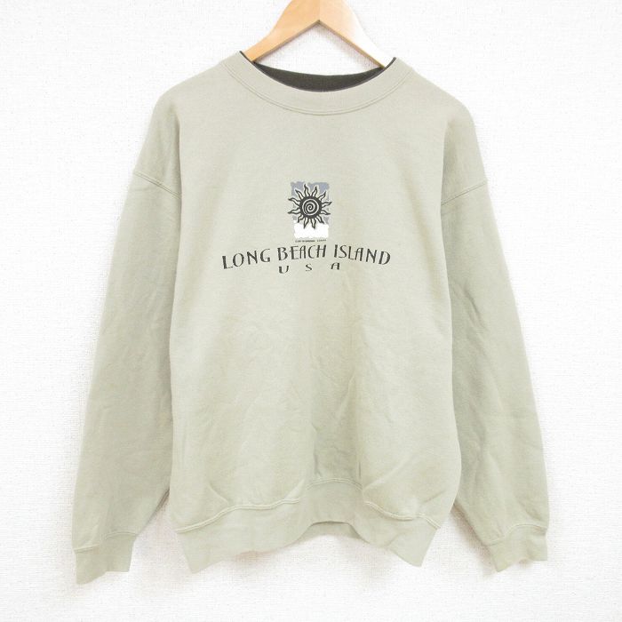 【50%OFF】XL★古着 長袖 スウェット メンズ 00年代 00s ロングビーチ クルーネック USA製 濃緑 グリーン 24dec26 中古 スエット トレーナー トップス