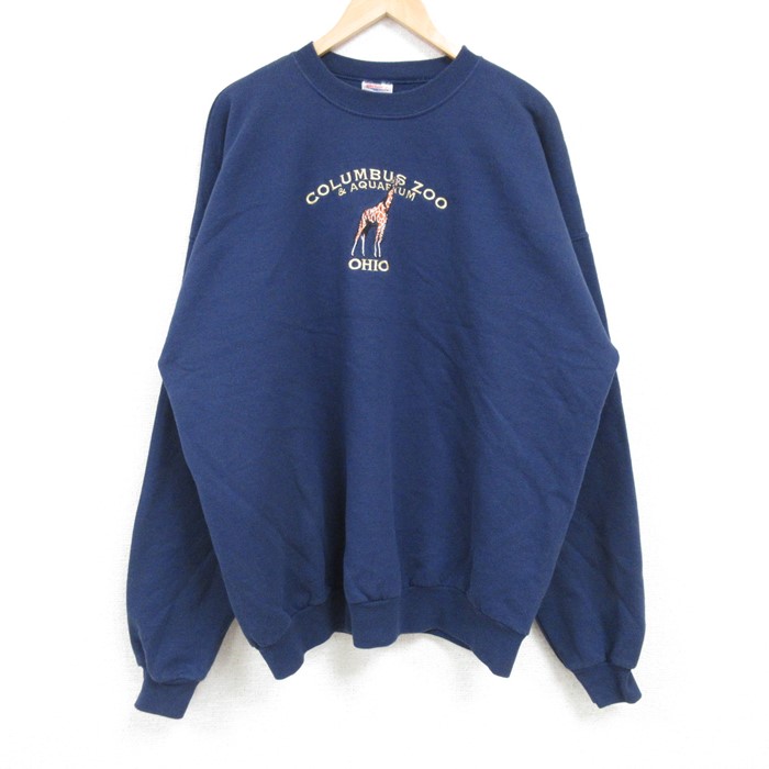 XL★古着 ヘインズ Hanes 長袖 スウェット メンズ 00年代 00s キリン 刺繍 大きいサイズ クルーネック 紺 ネイビー 【spe】 24dec28 中古 スエット トレーナー トップス