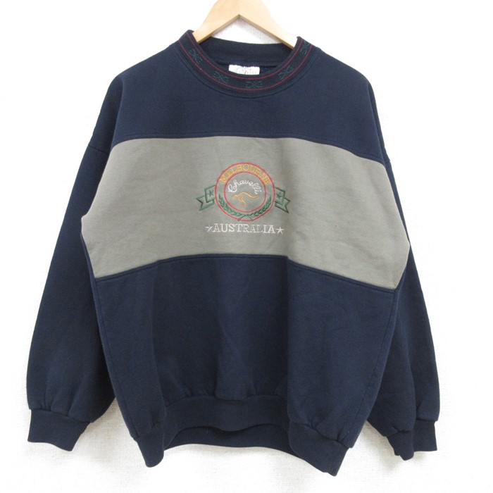 【50%OFF】L★古着 長袖 スウェット メンズ 00年代 00s メルボルン カンガルー 刺繍 ツートンカラー クルーネック 紺 ネイビー 24dec28 中古 スエット トレーナー トップス