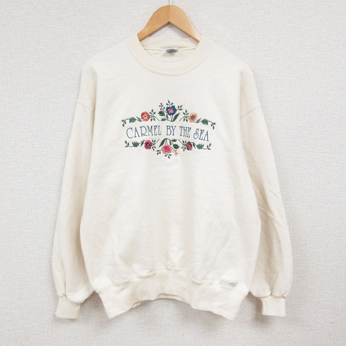 【50%OFF】L★古着 Crazy Shirts 長袖 スウェット メンズ カーメルバイザシー 花 刺繍 クルーネック 生成り 25jan06 中古 スエット トレーナー トップス